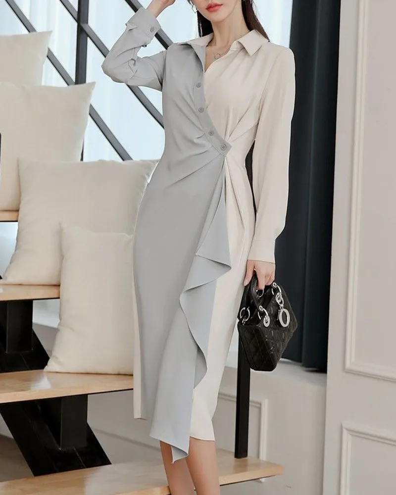 women's midi Dress Ruffles Colorblock Button Decor Ruched Shirt Dress
women's midi Dress Ruffles Colorblock Button Decor Ruched Shirt Dress