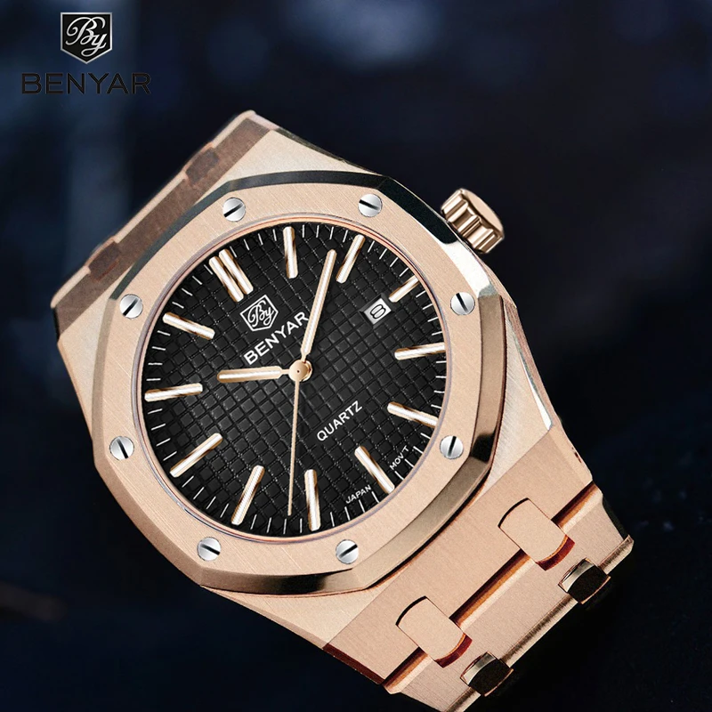 Фото Мужские кварцевые часы BENYAR спортивные деловые золотого цвета в - купить