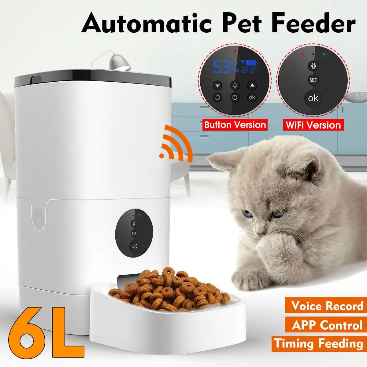 6L Large Capacity Pet Automatic Feeder Smart Voice Recorder APP Control Timer Feeding Cat Dog Food Dispenser WiFi/Button Version
6L Large Capacity Pet Automatic Feeder Smart Voice Recorder APP Control Timer Feeding Cat Dog Food Dispenser WiFi/Button Version