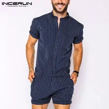 INCERUN Striped Men Rompers Breathable Stand Collar Short Sleeve Joggers Playsuits Streetwear Fashion Men Jumpsuits Shorts S-5XL