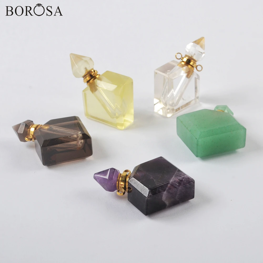 

BOROSA Crystal Amethysts Women Perfume Bottle Pendant Natural Stone Fluorite Essential Oil Diffuser Necklace Connector WX1755