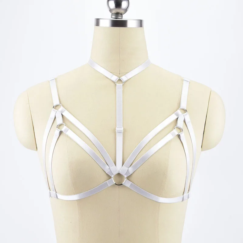 Women White Elastic Fetish Body Harness Adjustable Bondage Lingerie Handmade Cupless Strappy Goth Crop Top Underwear | Женская одежда