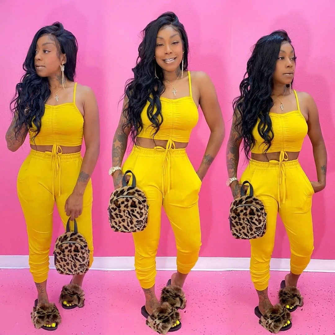 Summer Women'S Two-Piece Solid Color Sleeveless Strapless Vest Drawstring Sweatpants Casual Suit Sportswear 
Summer Women'S Two-Piece Solid Color Sleeveless Strapless Vest Drawstring Sweatpants Casual Suit Sportswear