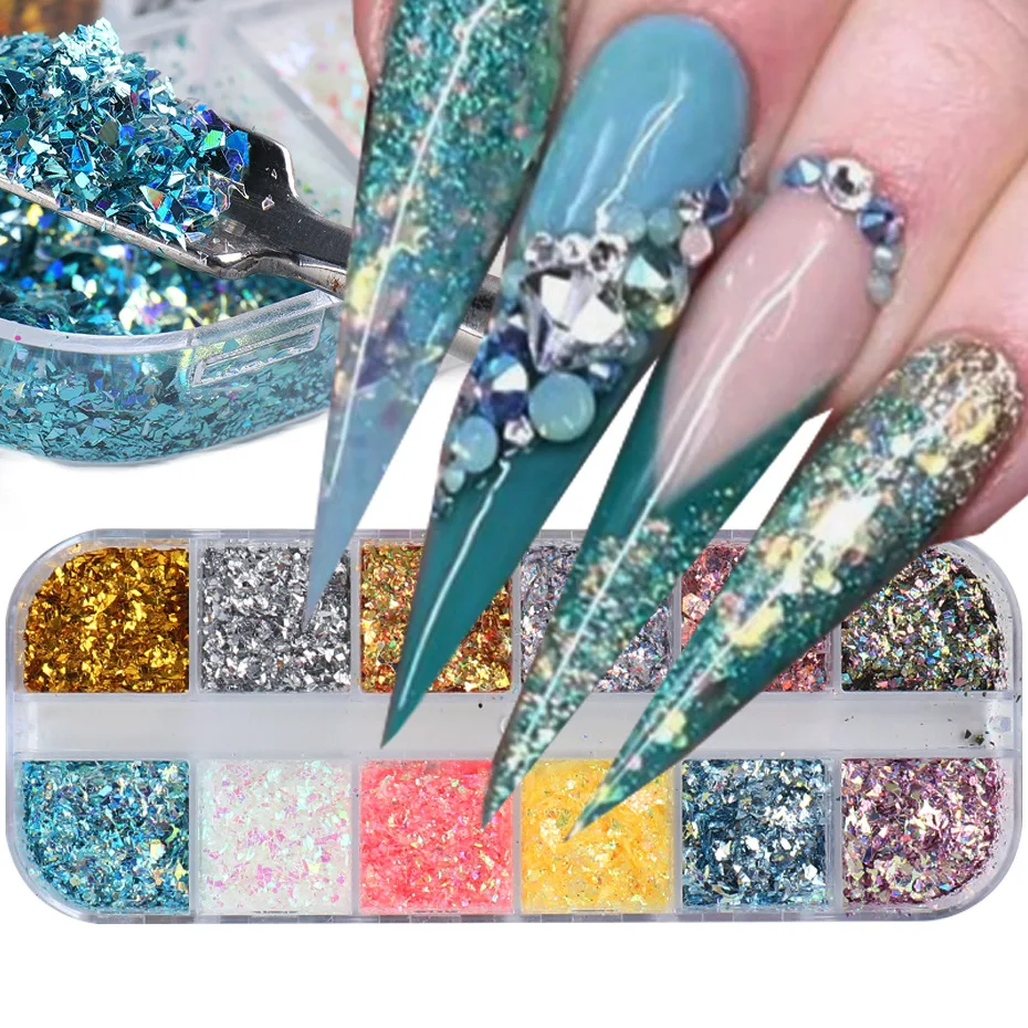 

12 Grids Irregular Nail Holographic Glitter Flakes Fluorescent Sparkly Sequins 3D Arylic Nails Art Decorations Polish Manicure