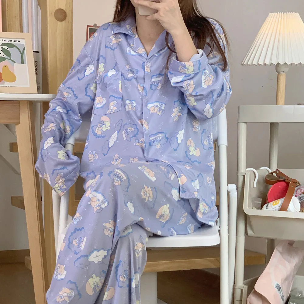 Pajamas Set for Women's Autumn Button Lapels Sleepwear Set Loose Sweet Print Long-sleeve Home Wear Cloth Women Homewear Clothes
Pajamas Set for Women's Autumn Button Lapels Sleepwear Set Loose Sweet Print Long-sleeve Home Wear Cloth Women Homewear Clothes