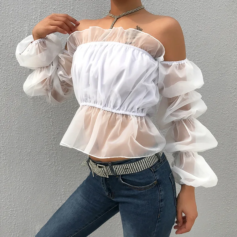 Sexy Women's Blouse Backless Patchwork Mesh Women T-Shirt Korean Style Long Lantern Sleeve Slash Neck Strapless White Tee Top
Sexy Women's Blouse Backless Patchwork Mesh Women T-Shirt Korean Style Long Lantern Sleeve Slash Neck Strapless White Tee Top