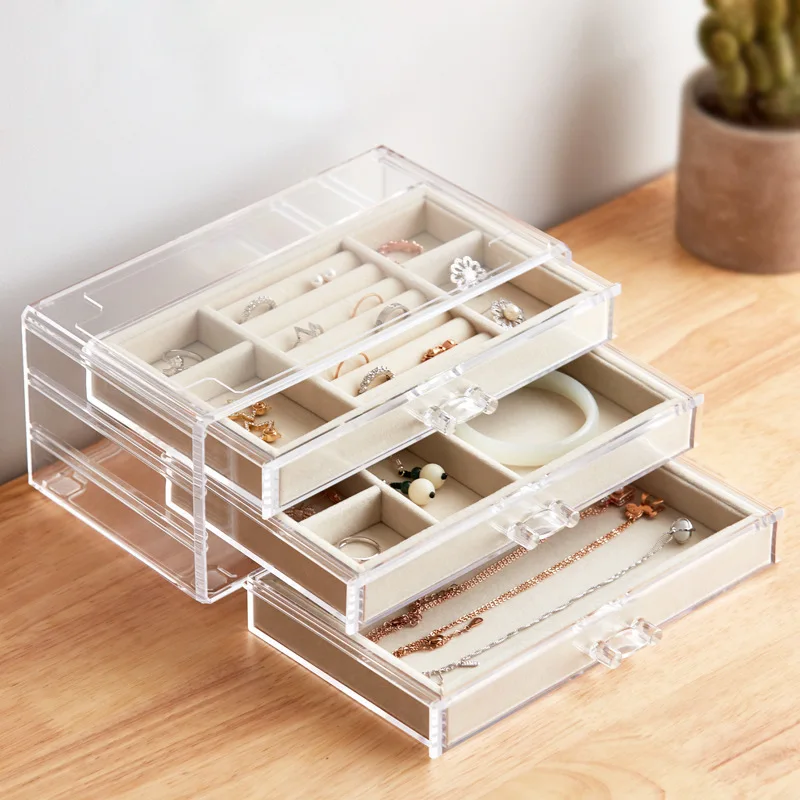 Jewelry Box Three-layer Three-pumping Large Capacity Flannel Bottom Lattice Transparent Acrylic Jewelry Desktop Organizer Case
Jewelry Box Three-layer Three-pumping Large Capacity Flannel Bottom Lattice Transparent Acrylic Jewelry Desktop Organizer Case