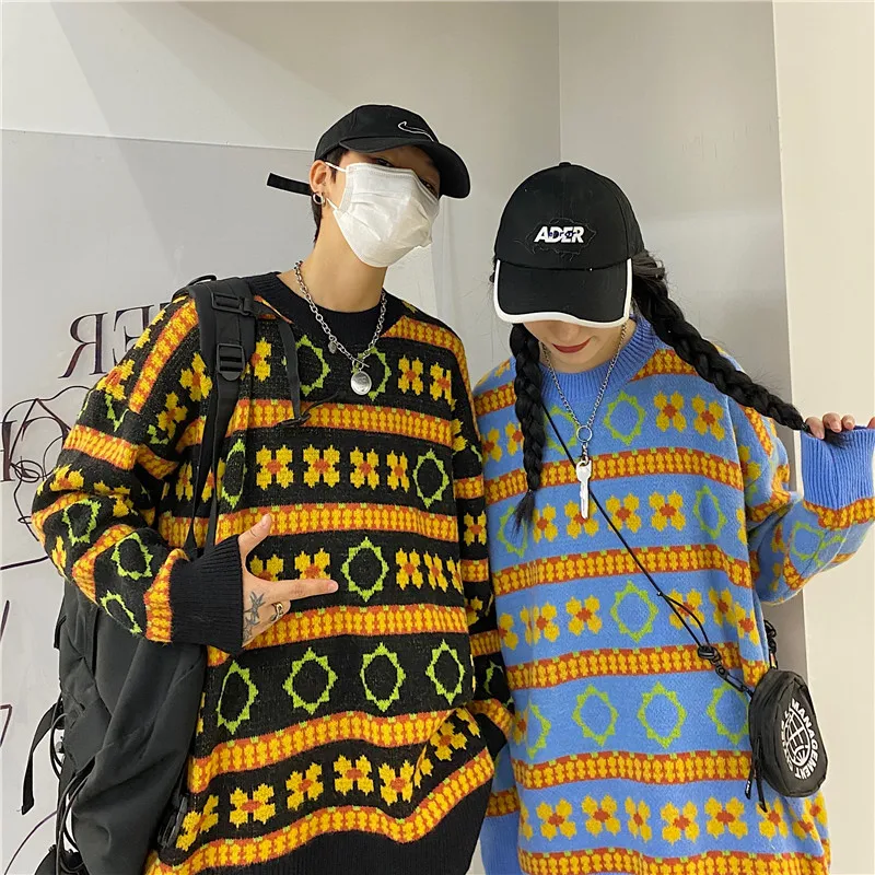 Contrast Sweater Loose Pullover Knit Top Fashion Aesthetic Casual Fall Winter Woman Man Korean Vintage Jacquard Flower Graphic 
Contrast Sweater Loose Pullover Knit Top Fashion Aesthetic Casual Fall Winter Woman Man Korean Vintage Jacquard Flower Graphic