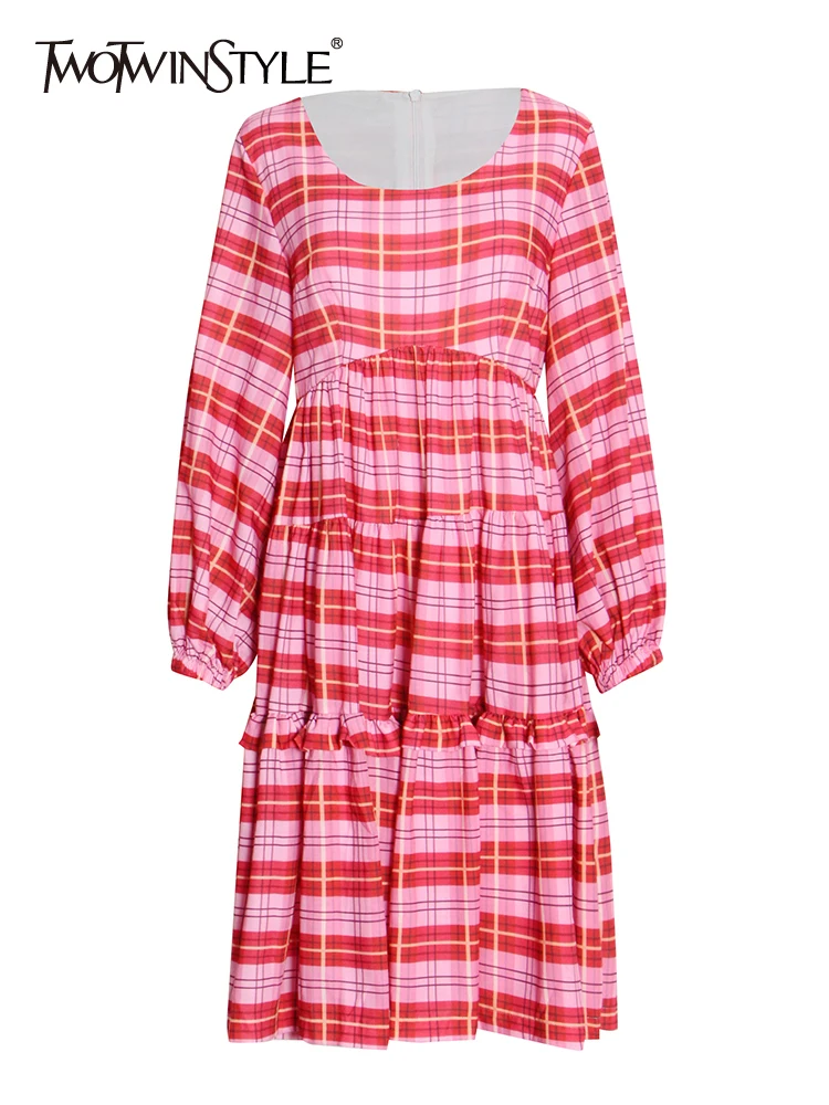 TWOTWINSTYLE Casual Plaid Colorblock Dress For Women Round Neck Long Sleeve High Waist Fold Pleated Loose Dresses Female Fashion
TWOTWINSTYLE Casual Plaid Colorblock Dress For Women Round Neck Long Sleeve High Waist Fold Pleated Loose Dresses Female Fashion