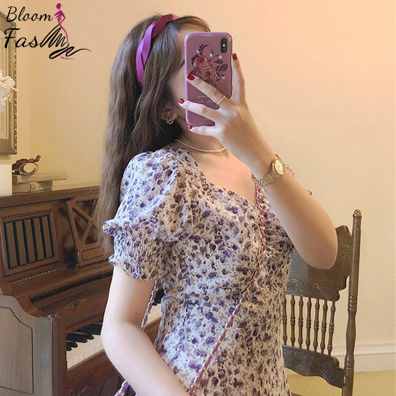 Ladies French Style Square Collar Dress Puff Short Sleeve Purple Flower Printed Fairy Clothing Retro Elegant Womens Summer Wear
Ladies French Style Square Collar Dress Puff Short Sleeve Purple Flower Printed Fairy Clothing Retro Elegant Womens Summer Wear