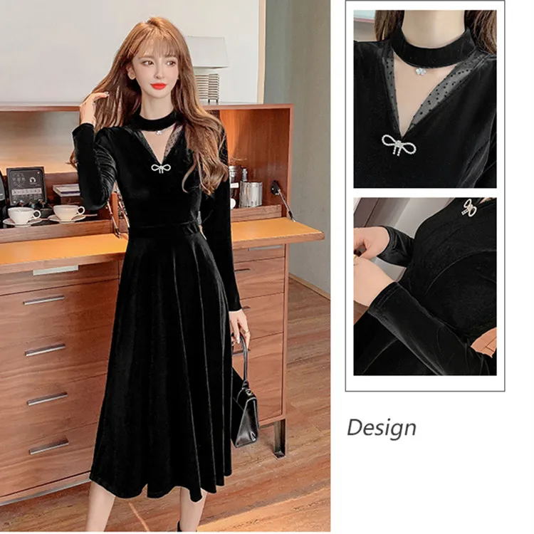 2021 Women VIntage Spring Vintage Hepburn Style Sexy V-Neck Hollow Out Velour Party Birthday Formal Evening Dress 
2021 Women VIntage Spring Vintage Hepburn Style Sexy V-Neck Hollow Out Velour Party Birthday Formal Evening Dress