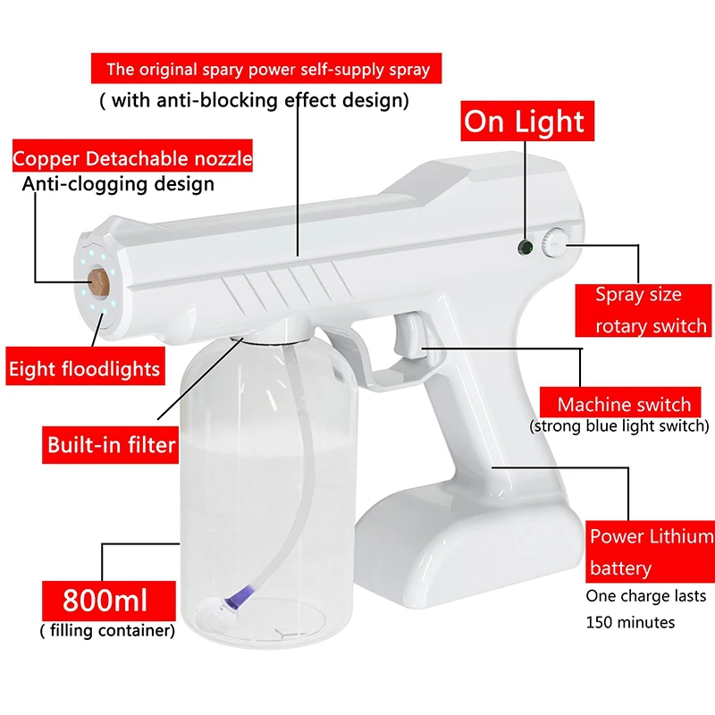 800 ML Wireless Electric Sanitizer Sprayer Disinfects Blue Light Nano Steam Spray Gun Sterilizing Nano Spray Gun For Home Office 
800 ML Wireless Electric Sanitizer Sprayer Disinfects Blue Light Nano Steam Spray Gun Sterilizing Nano Spray Gun For Home Office