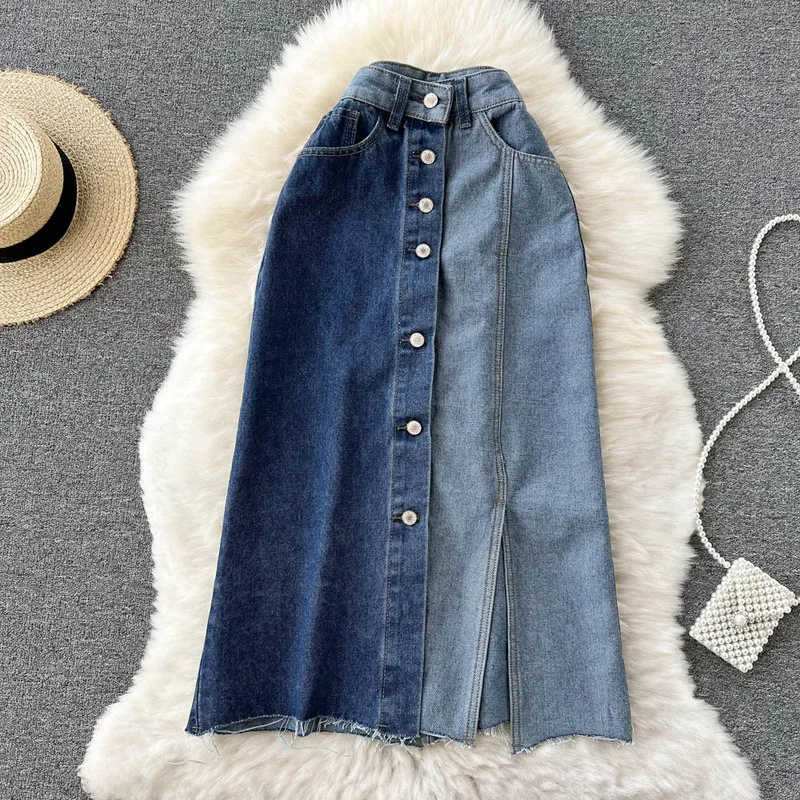 Stitching Denim Skirt Women Korean Fashion Long Jeans Skirt Button Down Casual High Waist Front Split Skirts Long For Women New
Stitching Denim Skirt Women Korean Fashion Long Jeans Skirt Button Down Casual High Waist Front Split Skirts Long For Women New
