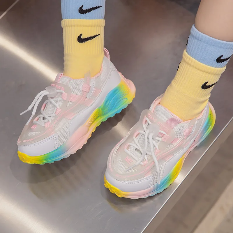 2021 Fashion Boys Girl's Sports Shoes Rainbow Sole Mesh Kids Running Tennis Shoes Comfortable Soft Non Slip Children's Sneakers
2021 Fashion Boys Girl's Sports Shoes Rainbow Sole Mesh Kids Running Tennis Shoes Comfortable Soft Non Slip Children's Sneakers