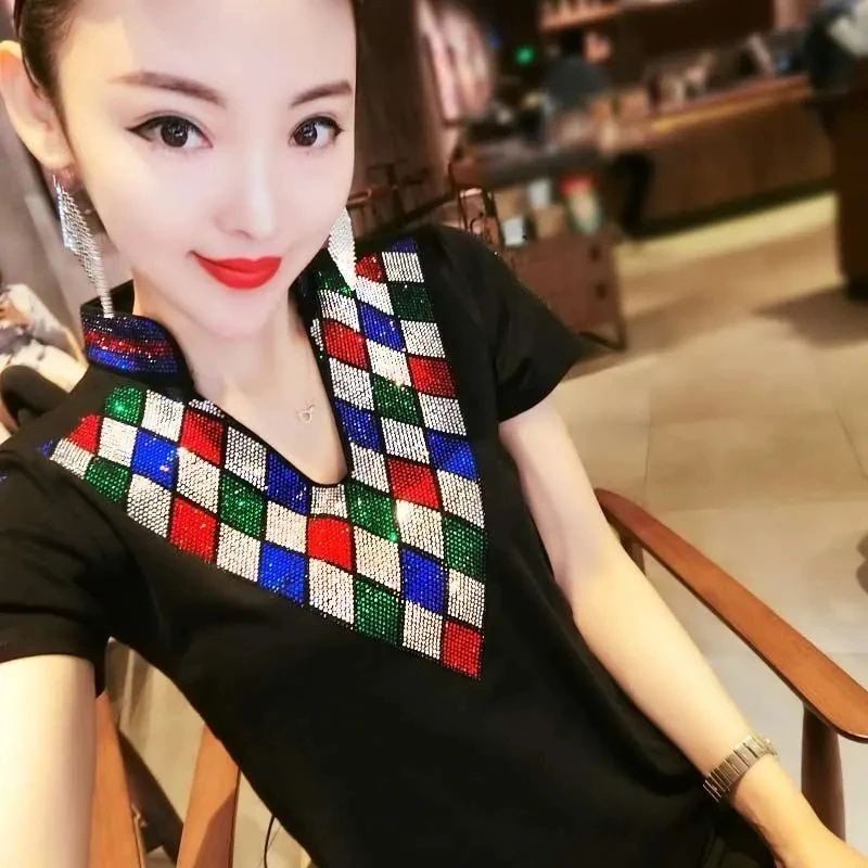 Diamonds Shiny Slim Women's Summer Top 2021 Half Open Collar Black Patchwork Short Sleeve Tees Fashion Clothing Free Shipping
Diamonds Shiny Slim Women's Summer Top 2021 Half Open Collar Black Patchwork Short Sleeve Tees Fashion Clothing Free Shipping