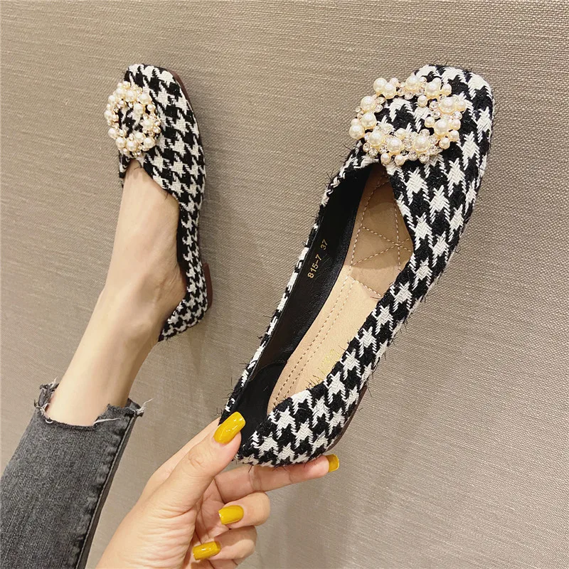 

Ballet Flats Classic Shoes Women 2021 Spring Tweed Cloth Two Color Gingham String Bead Square Toe Flats Fashion Women Shoes