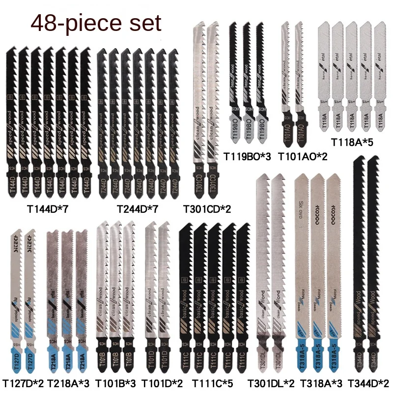 48Pcs Jig Saw Blades Set Universal Metal Fine Middle Tooth Saw Blade, Woodworking Saw Blade Set for Aluminum T-Shank Metal
48Pcs Jig Saw Blades Set Universal Metal Fine Middle Tooth Saw Blade, Woodworking Saw Blade Set for Aluminum T-Shank Metal
