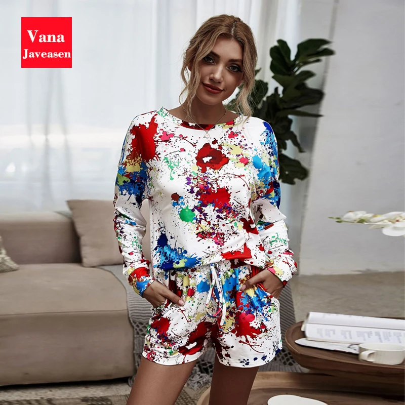 Two-piece Set Women Clothes Graffiti Color Printing Long-sleeved Pullover Elastic Waist Lace-up Shorts 2pcs Women Set Homewear 
Two-piece Set Women Clothes Graffiti Color Printing Long-sleeved Pullover Elastic Waist Lace-up Shorts 2pcs Women Set Homewear