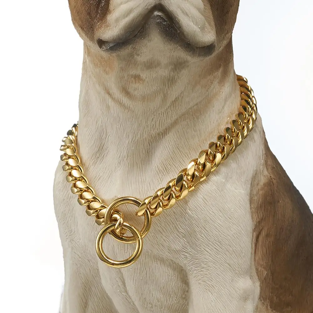 

12MM Fashion Pet Dog Miami Link Chain Stainless Steel Gold Color Curb Cuban Dog Chain Pet Collar Choker Necklace 12-32inch