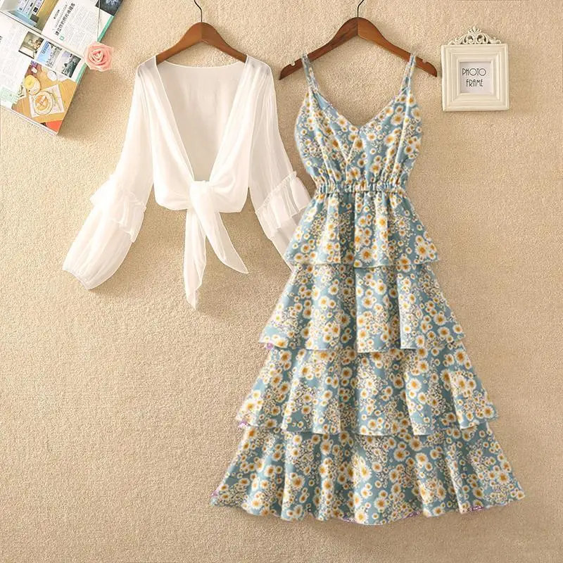 Women Summer New Two Pieces Sets Long Sleeve Shirt Top + Long A Line Ruffle Spaghetti Strap Flower Print Dress Outfit Suits Q116
Women Summer New Two Pieces Sets Long Sleeve Shirt Top + Long A Line Ruffle Spaghetti Strap Flower Print Dress Outfit Suits Q116