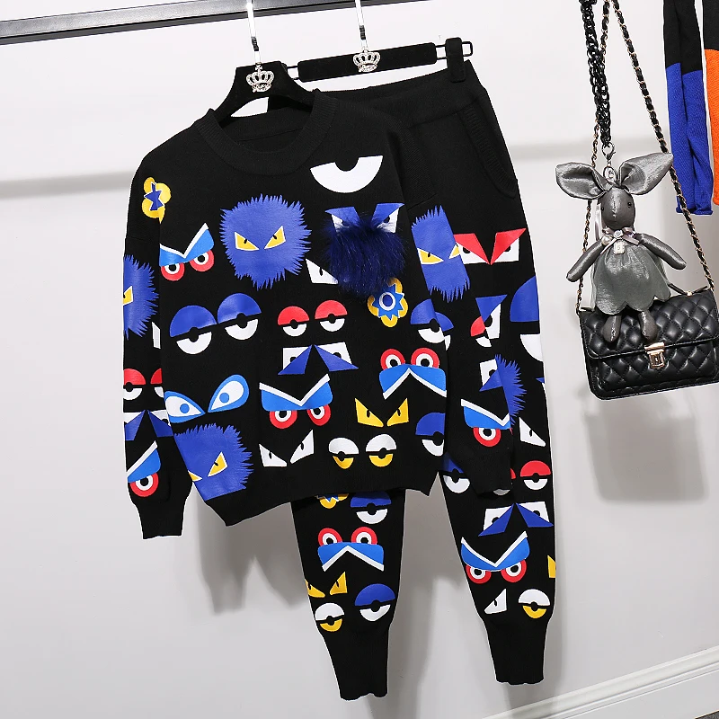 

Autumn Winter Women Outfits Fashion Long Sleeve Print Knitted Sweater + Little Monster Knitwear Harlan Pants Two Piece Set H1613