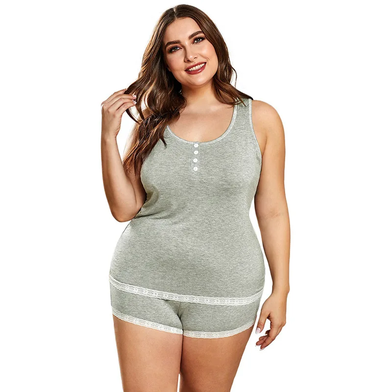 Plus size women's home service summer solid color sports buttoned home suit lace plus size vest pajamas shorts two-piece women
Plus size women's home service summer solid color sports buttoned home suit lace plus size vest pajamas shorts two-piece women