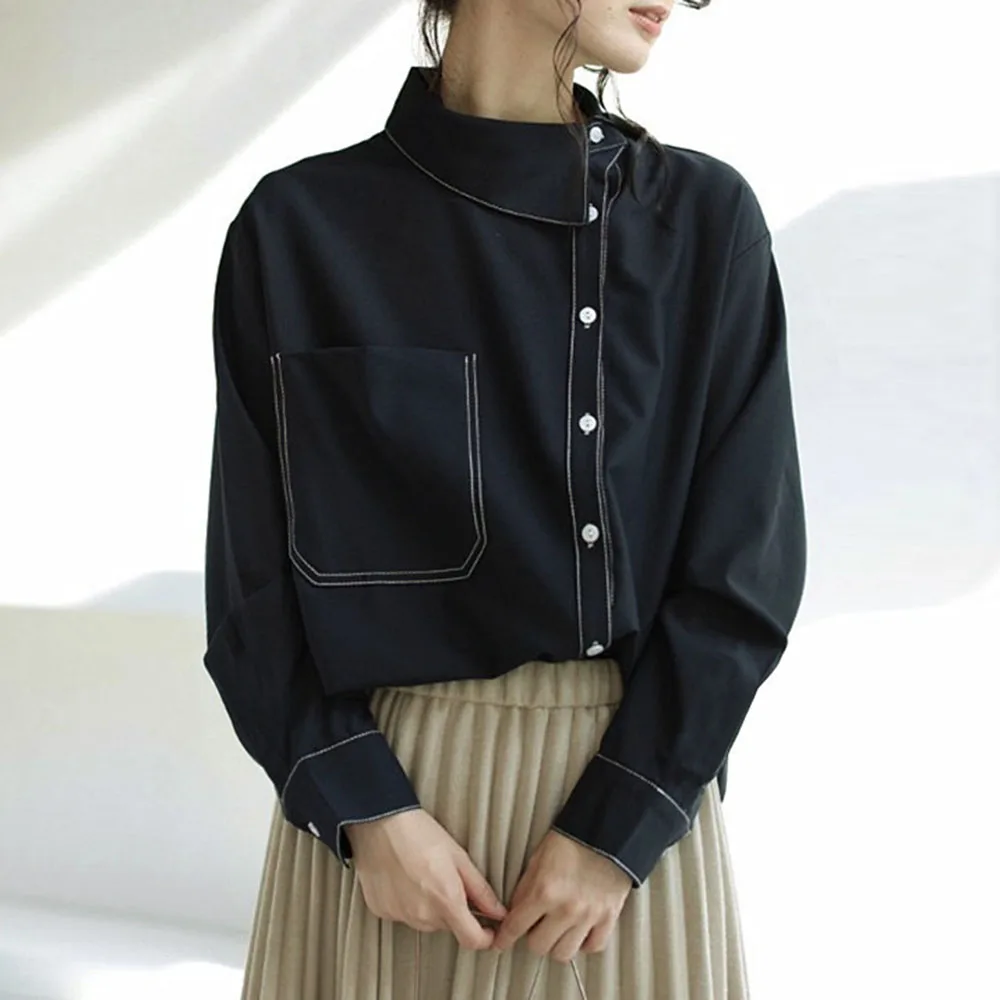 

Shirts For Women Fashion Pocket Buttons Tops Office LadyWork Wear Elegant Black Single-Breasted Female Ladylike Shirts Blouse