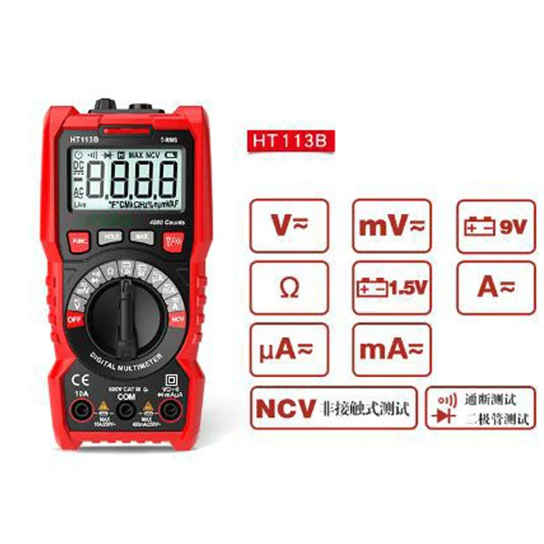 Digital Multimeter Voltage Autoranging AC Direct Current Voltage Resistance Diodes Test Tool HT113 Series FKU66
Digital Multimeter Voltage Autoranging AC Direct Current Voltage Resistance Diodes Test Tool HT113 Series FKU66