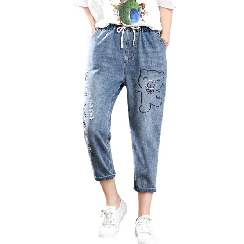 Korean Fashion Art Style Spring Fall Women Elastic Waist Cartoon Embroidery Vintage Harem Jeans Loose Casual Denim Pants
Korean Fashion Art Style Spring Fall Women Elastic Waist Cartoon Embroidery Vintage Harem Jeans Loose Casual Denim Pants