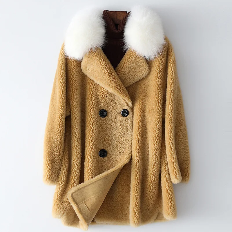 Solid Color Real Fox Fur Collar Wool Coats For Women Ladies Sheep Shearling Thick Jackets Autumn Winter Fashion Loose Outwear
Solid Color Real Fox Fur Collar Wool Coats For Women Ladies Sheep Shearling Thick Jackets Autumn Winter Fashion Loose Outwear