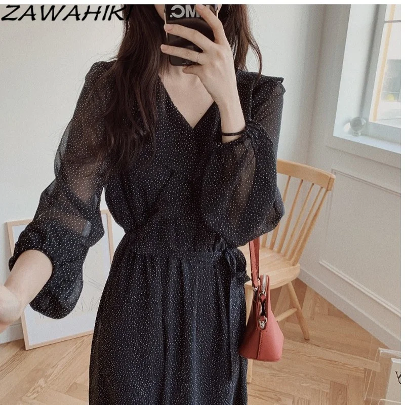 ZAWAHIKI Autumn New Women's Dresses Long Sleeve Dress High Waist Temperament Dot Mid-length V Neck French Style Femme Robe Belt
ZAWAHIKI Autumn New Women's Dresses Long Sleeve Dress High Waist Temperament Dot Mid-length V Neck French Style Femme Robe Belt