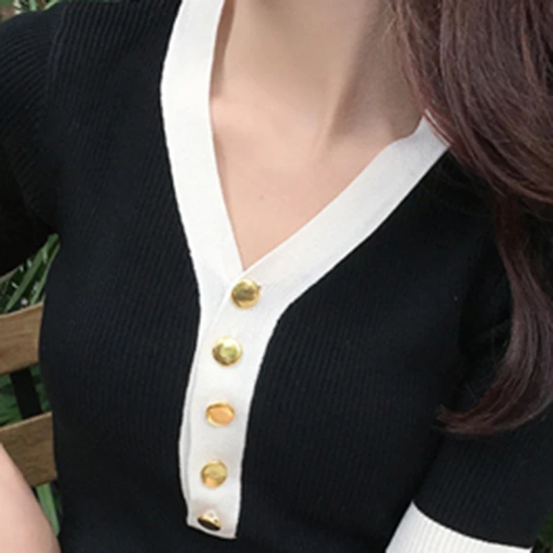 LJSXLS New Slim Short Sleeve Knitted Sweater Woman Summer Chic Button Pullovers Women's Sweaters Solid V-Neck Skinny Tops Femme
LJSXLS New Slim Short Sleeve Knitted Sweater Woman Summer Chic Button Pullovers Women's Sweaters Solid V-Neck Skinny Tops Femme