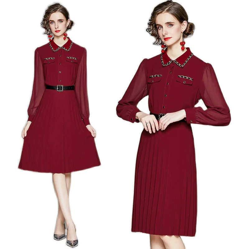 Spring Summer Women Beading Solid Midi Shirt Dress Office Lady Long Sleeve Elegant Chiffon Pleated Christmas Dress with Belt
Spring Summer Women Beading Solid Midi Shirt Dress Office Lady Long Sleeve Elegant Chiffon Pleated Christmas Dress with Belt