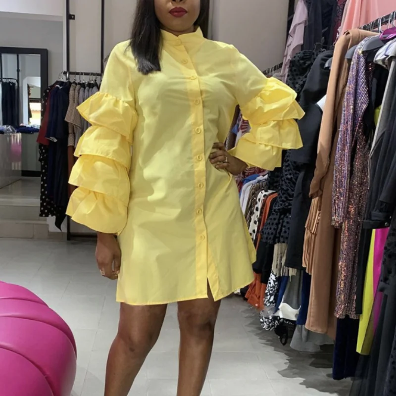 Women Shirt Dress 2021 Yellow Mini Button Up Ruffle Long Sleeves Elegant Casual Office Ladies Work Wear Robes Female Custom Made
Women Shirt Dress 2021 Yellow Mini Button Up Ruffle Long Sleeves Elegant Casual Office Ladies Work Wear Robes Female Custom Made
