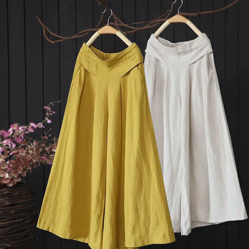 Casual Pants Retro Plus Size Wide Leg Pants Summer Loose Solid Color Flat Waist Pure Cotton Culottes Nine-point Pants Women
Casual Pants Retro Plus Size Wide Leg Pants Summer Loose Solid Color Flat Waist Pure Cotton Culottes Nine-point Pants Women