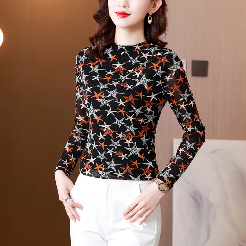 Fashion Bottom Shirt 2021 Autumn Half High Neck Long-sleeve T-shirt Women Print Net Gauze Ladies Clothes Elegant Women's Blouse 
Fashion Bottom Shirt 2021 Autumn Half High Neck Long-sleeve T-shirt Women Print Net Gauze Ladies Clothes Elegant Women's Blouse