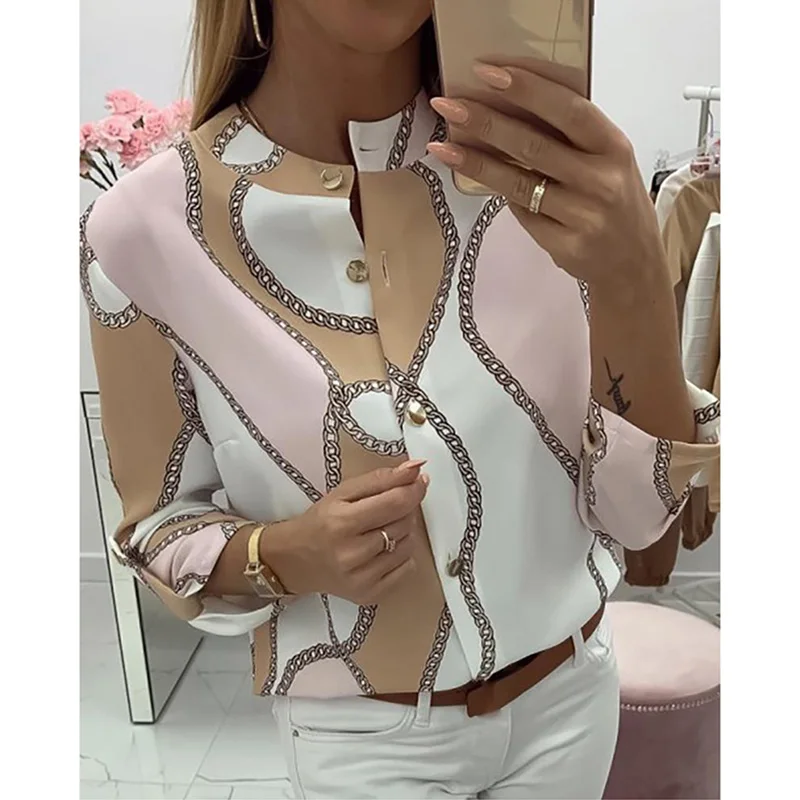 2021 European and American chain print lapel pull-over long-sleeved shirt women fashion temperament top
2021 European and American chain print lapel pull-over long-sleeved shirt women fashion temperament top