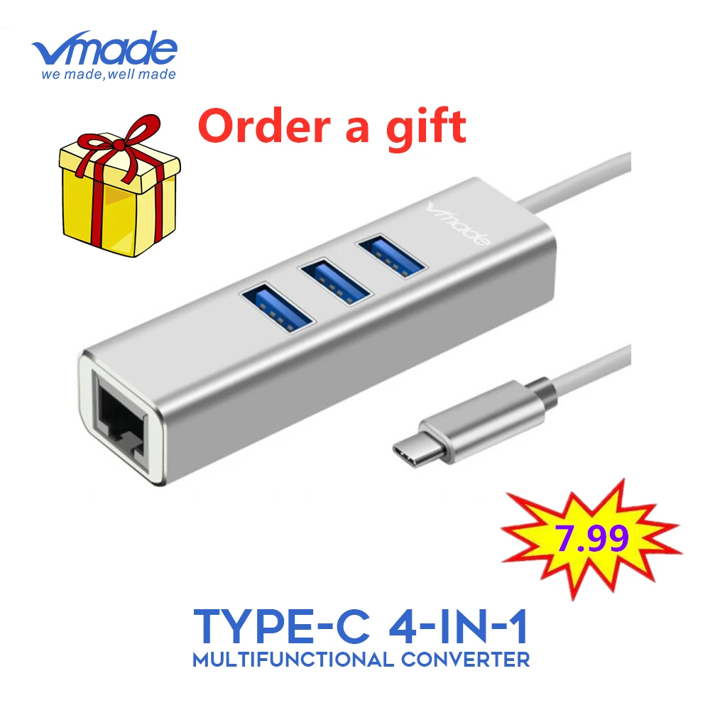 Адаптер Ethernet USB C с 3 портами 0 хаб Thunderbolt для MacBook Pro ПК концентратор Type Gigabit Rj45 Lan 0|USB-хабы| |