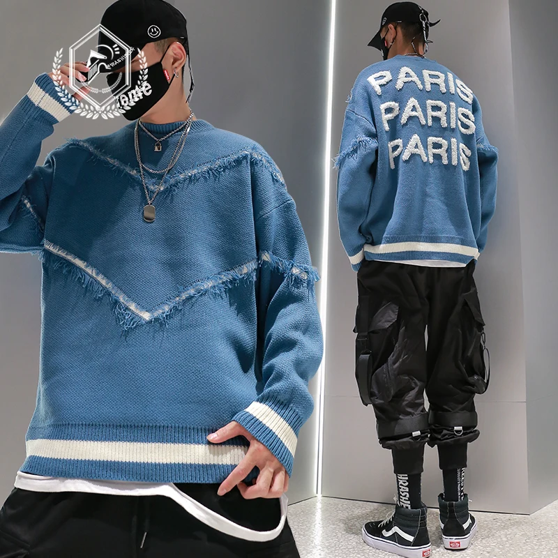Фото Мужские свободные трикотажные модные Парижские вышивки в стиле хип хоп Новые