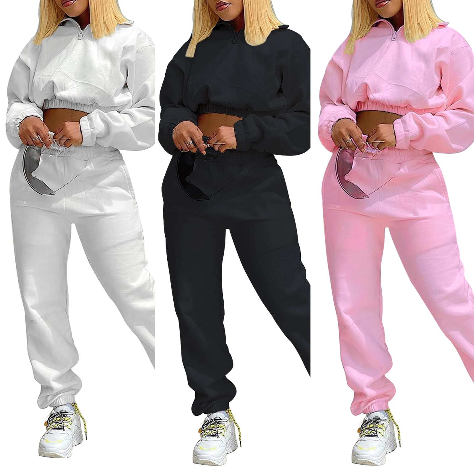 Женский брючный костюм из двух предметов, Однотонный женский короткий топ на молнии с полуоткрытым воротником и длинными рукавами и брюки с...
Женский брючный костюм из двух предметов, Однотонный женский короткий топ на молнии с полуоткрытым воротником и длинными рукавами и брюки с...