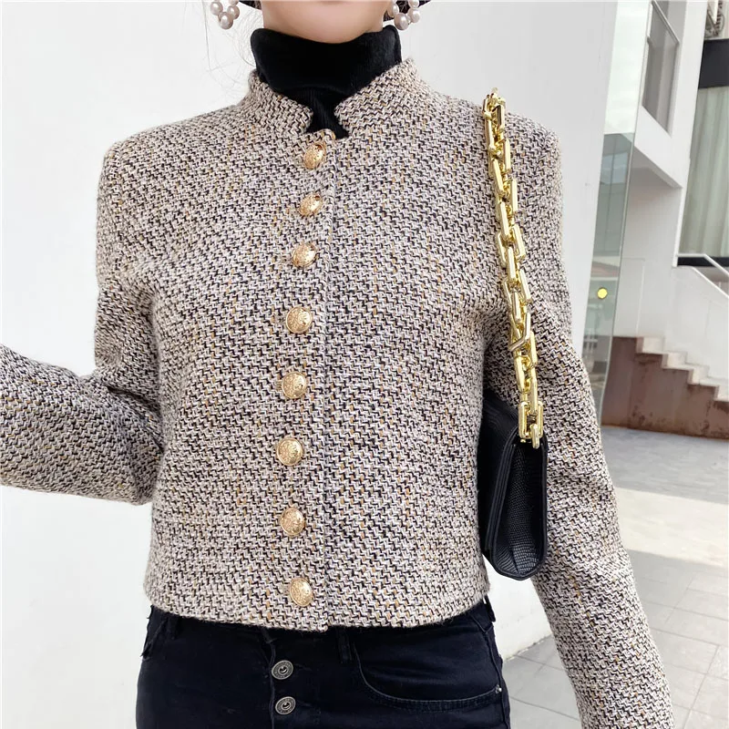 Striped Tweed Cropped Jackets Women Stand Neck Long Sleeve Vintage Office Lady Coats Autumn Winter Outwear Woolen Elegant B516
Striped Tweed Cropped Jackets Women Stand Neck Long Sleeve Vintage Office Lady Coats Autumn Winter Outwear Woolen Elegant B516