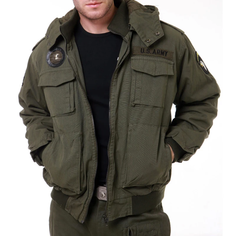 Outdoor Military Multi-pocket Flight Jacket Army Fan Padded Jacket Cotton Men's Hooded Short Jacket Winter Coat 
Outdoor Military Multi-pocket Flight Jacket Army Fan Padded Jacket Cotton Men's Hooded Short Jacket Winter Coat