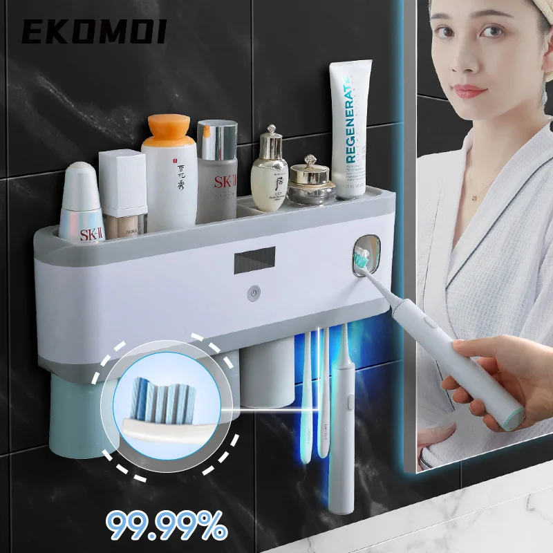 

EKOMOI UV Sterilization Automatic Toothpaste Squeezer Disinfection Rack Wall-Mounted Toothbrush Holder Bathroom Accessories Set