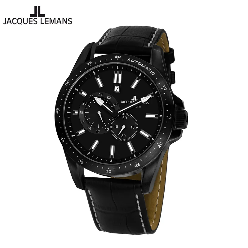 

Jacques Lemans LIVEPROOL Automatic Men Watch Date 10 ATM Water Resistance Leather Strap IP Black 1-1755