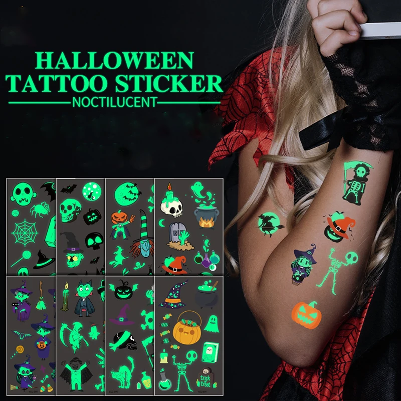 

Водостойкие временные тату-наклейки на Хэллоуин, 10 шт., светящиеся игрушки для детей, флуоресцентные Мультяшные Светящиеся Татуировки, накл...