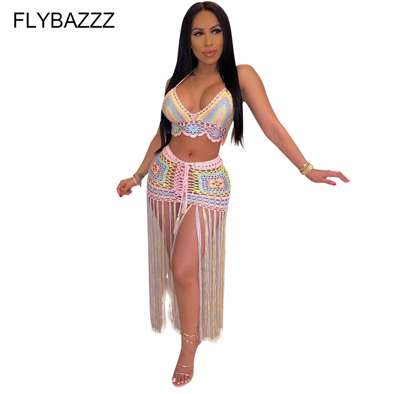 Women Crochet See Through Beach Two Piece Set Sexy Halter Crop Top Tassel Skirt Beach Blouse Bikini Swimsuit Cover Up Swimwear
Women Crochet See Through Beach Two Piece Set Sexy Halter Crop Top Tassel Skirt Beach Blouse Bikini Swimsuit Cover Up Swimwear