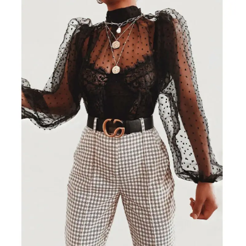 Women Polka Dot Mesh Sheer See-through Puff Long Sleeve Tops Blouse Tee Shirts 2019 Autumn new Fashion Transparent | Женская одежда