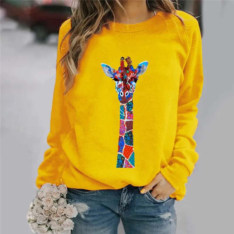 Cartoon Color Giraffe Print Pullover Tops Women Long Sleeve O-Neck Casual Hoodies Autumn New Sweatshirt Fashion Lady Streetwear 
Cartoon Color Giraffe Print Pullover Tops Women Long Sleeve O-Neck Casual Hoodies Autumn New Sweatshirt Fashion Lady Streetwear