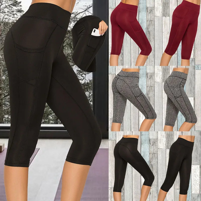 

New Women Capri Leggings For Sport High Waist Pocket Leggings 3/4 Compression Leggings Running Tights Gym Pants Pockets