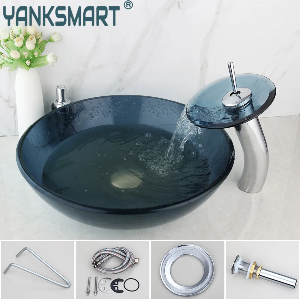 

YANKSMART Round Tempered Glass Washbasin Faucet Set Counter Top Washroom Basin Sink Vessel Vanity Mixer Water Tap Combo Kit